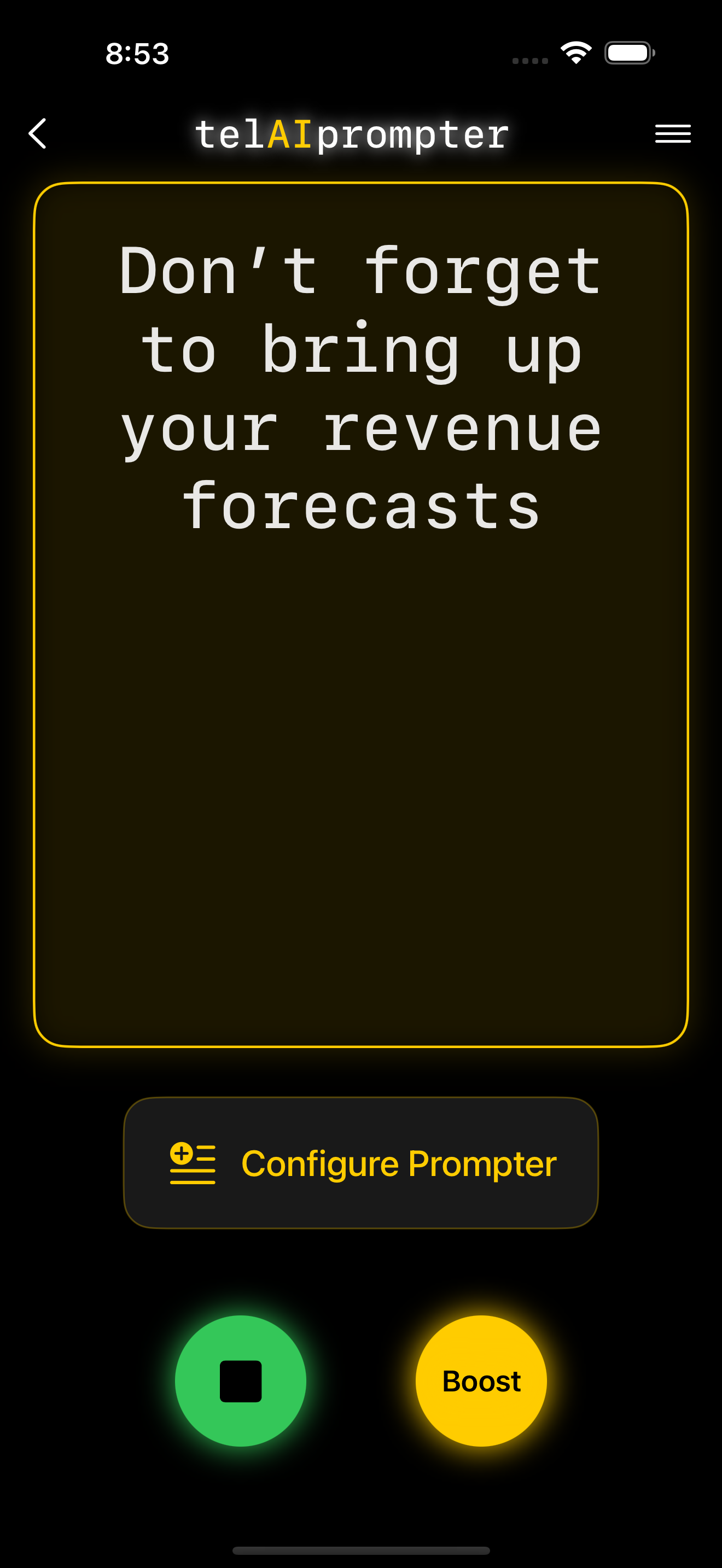 telAIprompter app showing 'Don't forget to bring up your revenue forecasts'