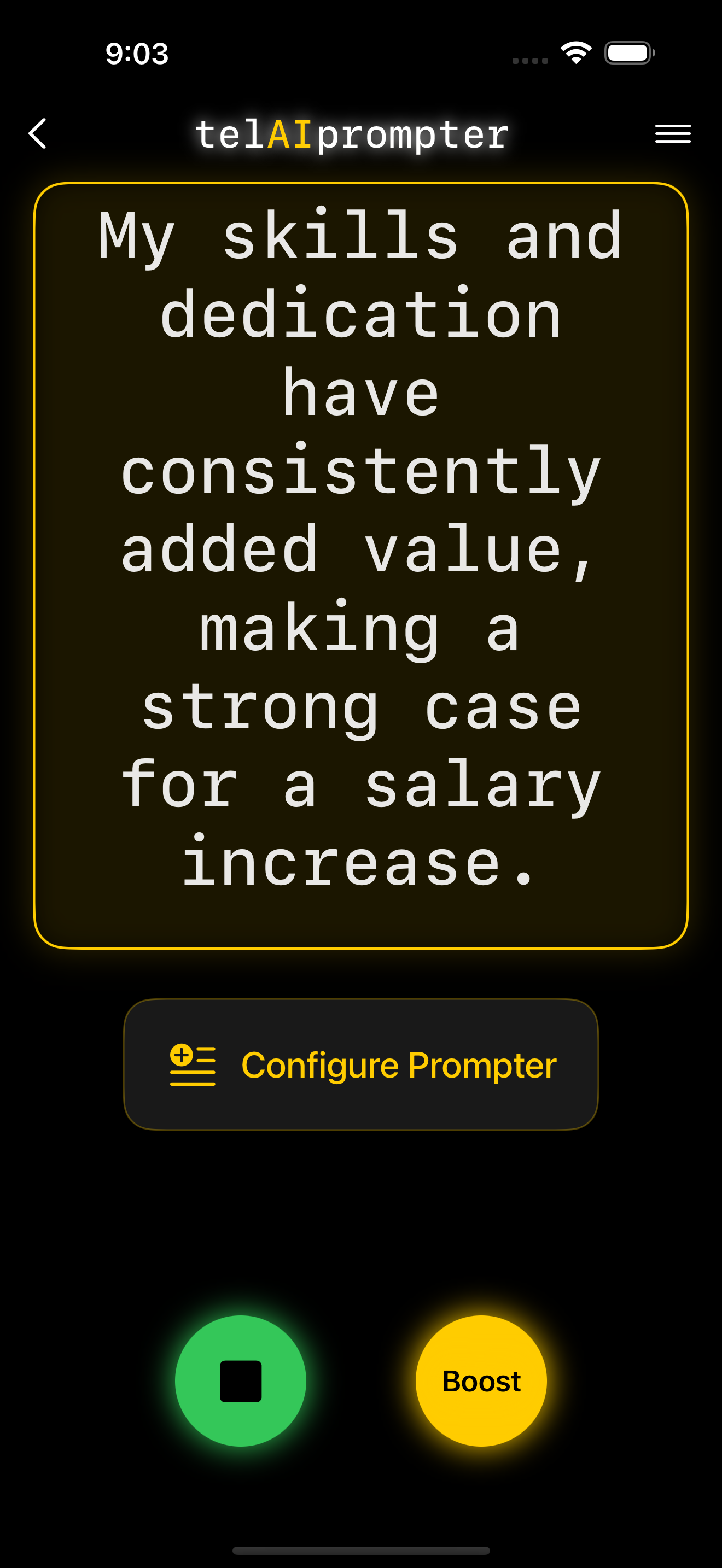 telAIprompter app showing another example